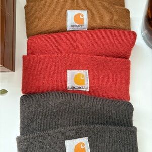 Carhartt Beanie Trio in Tan, Red, and Gray